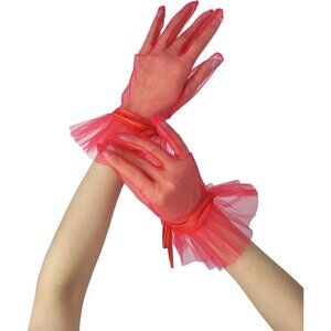 Women's Evening Dark Red Ruffles Mesh Tulle Short Gloves Wedding Party Accessory